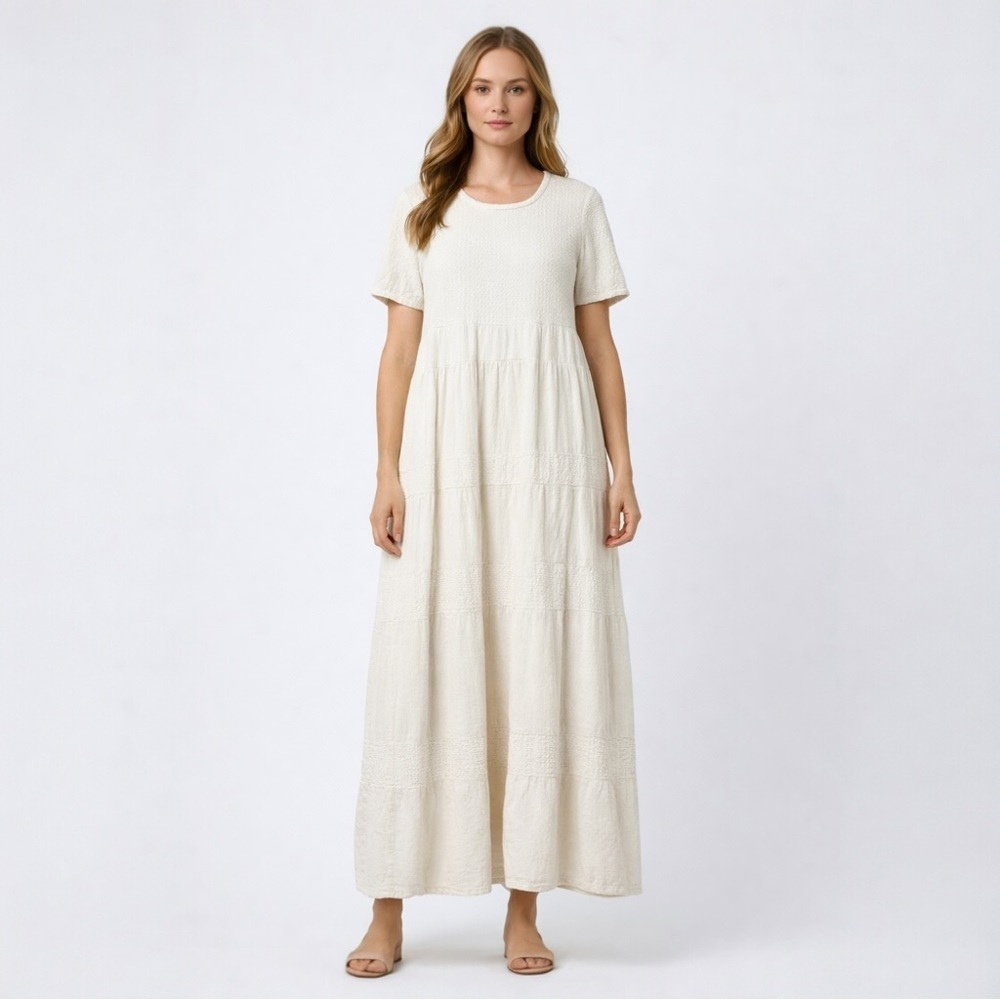 Vintage Dunes Textured Cotton Tiered Maxi Dress Size Medium Cream White
